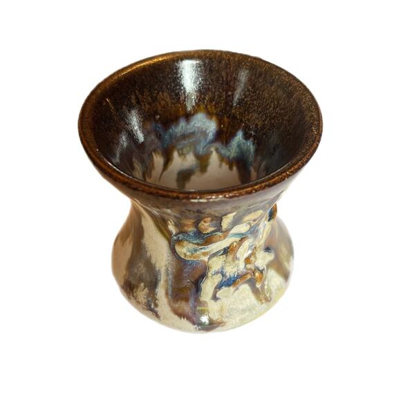 Vtg Studio Art Mini Vase Pottery Drip Glaze Embossed Forms Beige Brown Unsigned - Picture 3 of 8